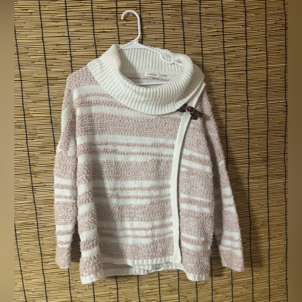 Cozy Striped Cowl Neck Sweater - Pink and White